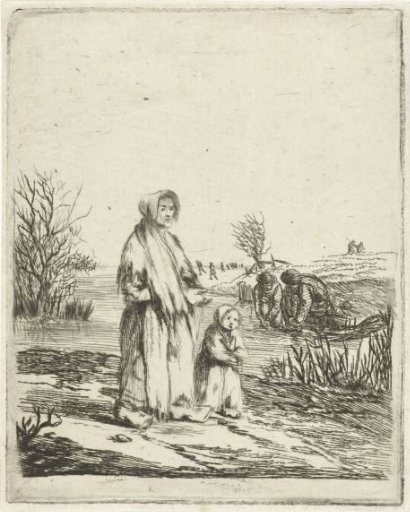 Beggar woman with a child by a ditch