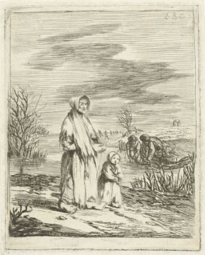 Beggar woman with a child by a ditch