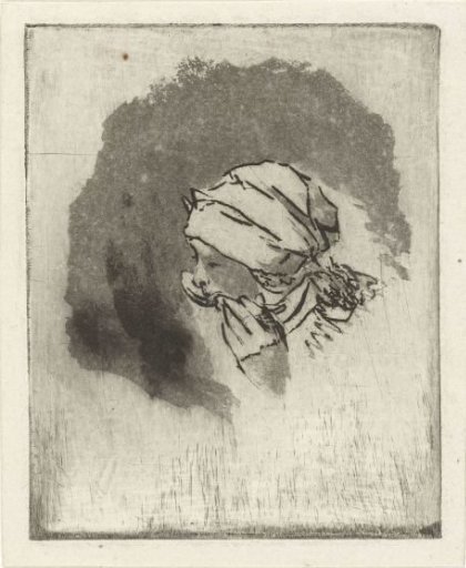 Study sheet with the head of a girl eating in profile to the left