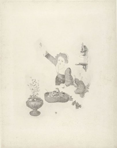 Woman with a basket of fruit in her hand by the window