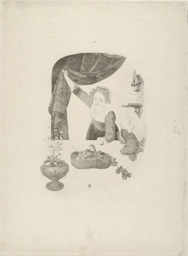 Woman with a basket of fruit in her hand by the window
