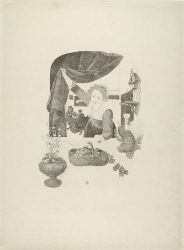 Woman with a basket of fruit in her hand by the window