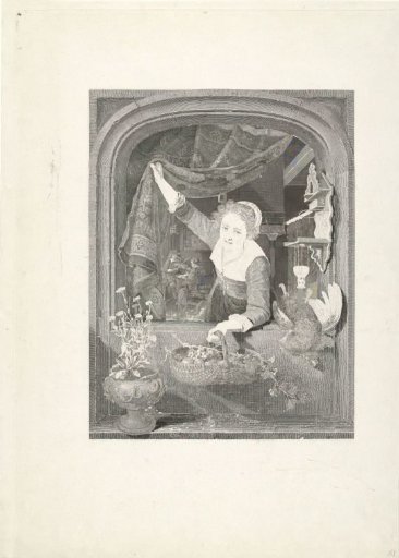 Woman with a basket of fruit in her hand by the window