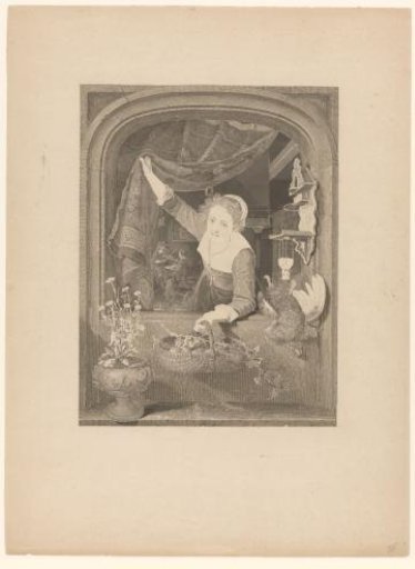 Woman with a basket of fruit in her hand by the window