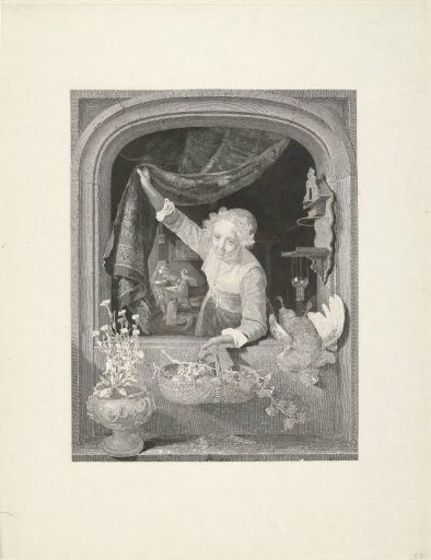 Woman with a basket of fruit in her hand by the window