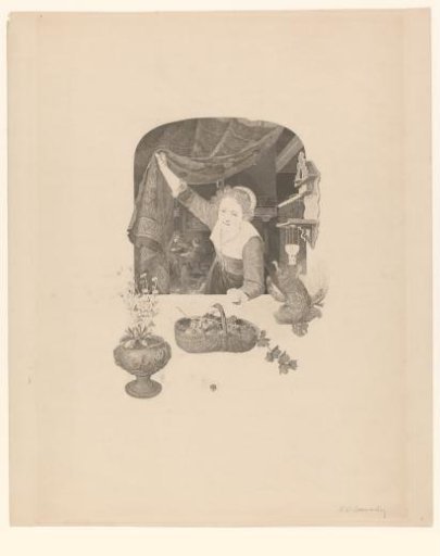 Woman with a basket of fruit in her hand by the window