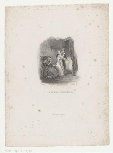 Kissing couple with an old woman at the bedside