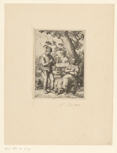 Flute-playing peasant man and woman with dog