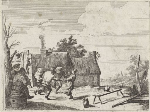 Dancing peasants to the music of two musicians