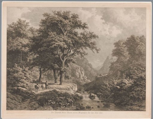 Mountainous Landscape with a Waterfall in the Center, on the Left a Boy with Three Cows and a Dog
