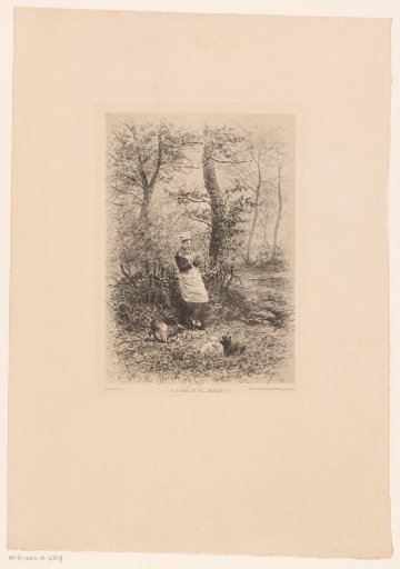 Forest Landscape with Three Young Goats and a Peasant Woman Picking Apart a Flower
