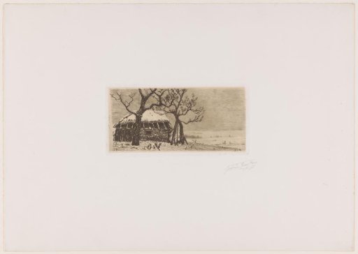 Winter landscape with a hut near two trees