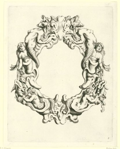 Cartouche with scrollwork ornament, with the torso of a mermaid on each side