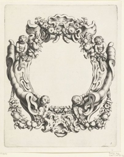 Cartouche with scrollwork ornament, with a mask above and below