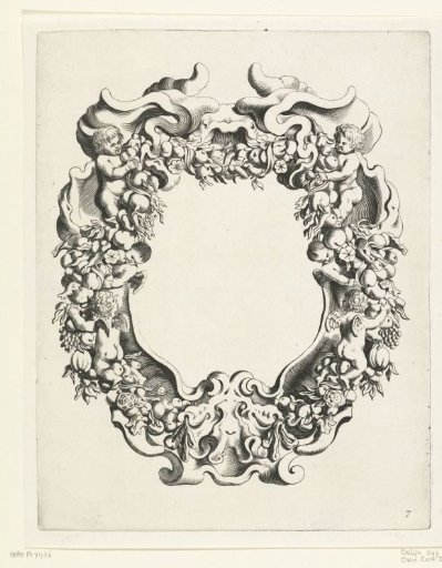 Cartouche with scrollwork ornament with two putti and four cherubs