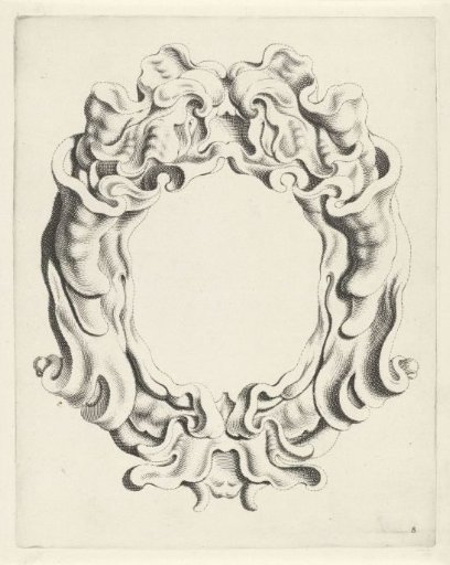 Cartouche with scrollwork ornament, with a mask with an open mouth at the top