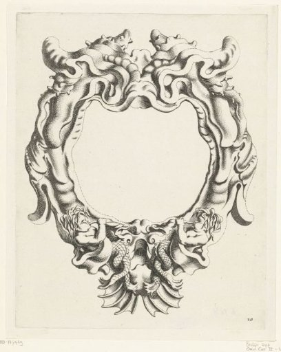 Cartouche with scrollwork ornament, with two sea gods at the bottom