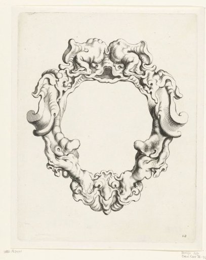 Cartouche with scrollwork ornament, with two monsters at the top