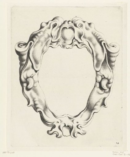 Cartouche with strapwork, surmounted and surmounted by a mask with gaping mouth