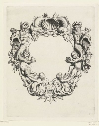 Cartouche with strapwork, surmounted by a shell flanked by dolphins