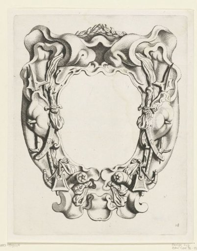 Cartouche with strapwork with armorial trophies