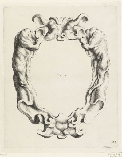 Cartouche with strapwork with two animals