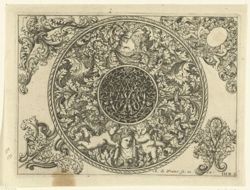 Border of a round plate with leafy scrolls, masks, and putti