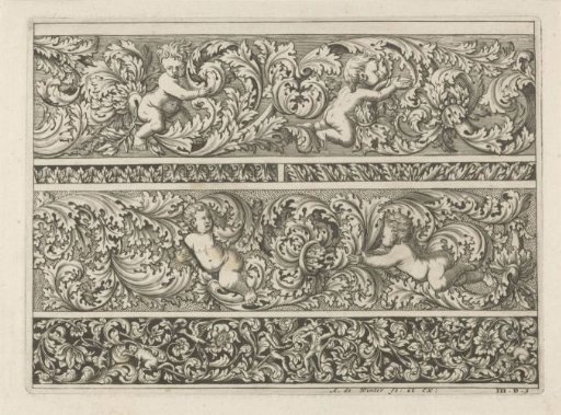 Three friezes with leafy scrolls