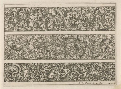 Three friezes with leafy scrolls