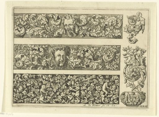 Three friezes with leafy scrolls and two motifs