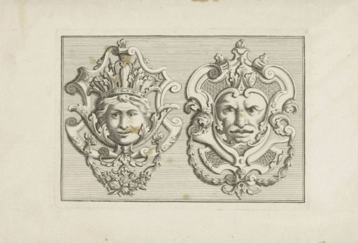 Two mascarons, one with a crown