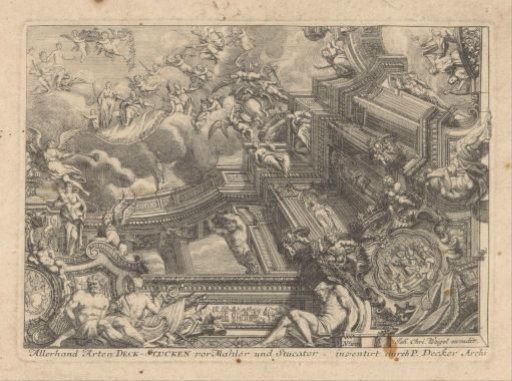 Ceiling painting with Olympian gods around a classical building