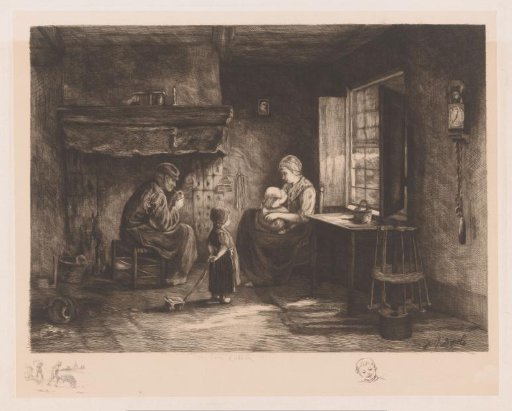 Interior of a fisherman's hut with a man, woman and two children