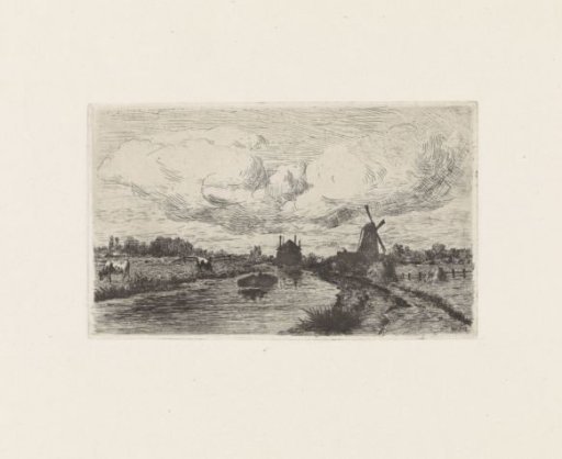 Landscape with a boat on a canal and a mill