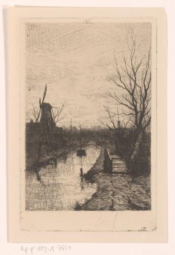 Landscape with canal, mill and footbridge
