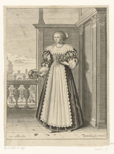 Woman with fan and flower basket