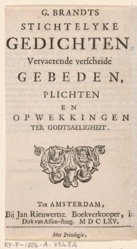 Title page for: G. Brandt, Stichtelyke gedichten. Amsterdam, 1665