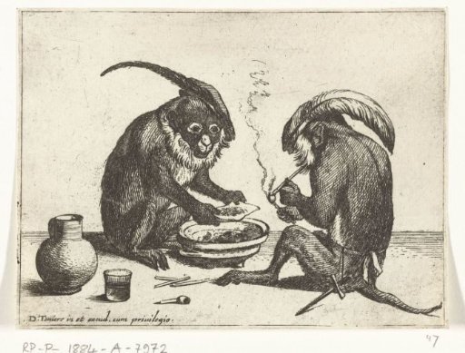 Two Apes Smoking a Pipe