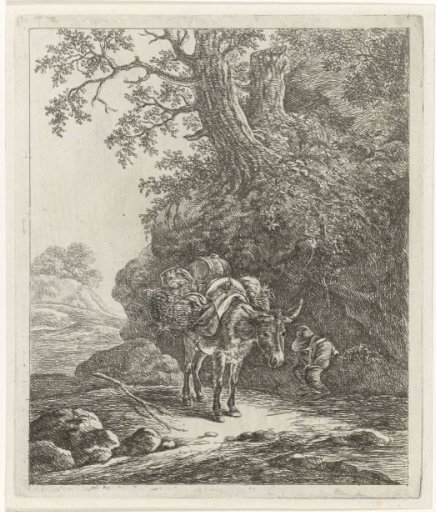Pack mule on a country road with a man unloading