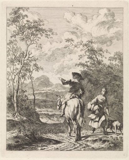 Rider asking the way from a girl with a dog
