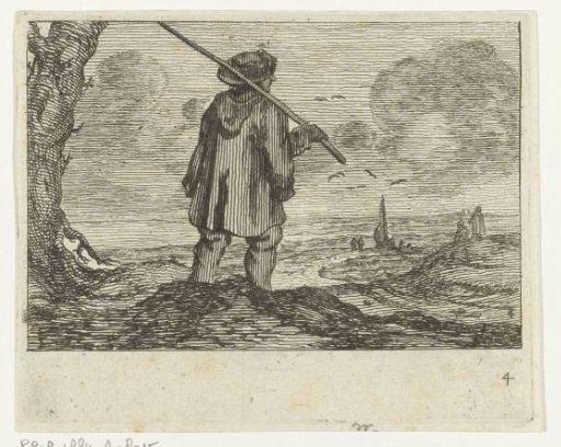 Dune landscape with a man, with a staff on his shoulder
