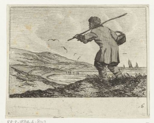 Dune landscape with a man, with a basket on his arm