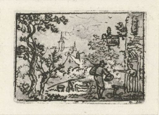 Village view with pedestrian near woman in doorway