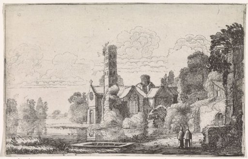 Two monks at an abbey in a river landscape