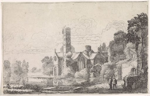 Two monks at an abbey in a river landscape