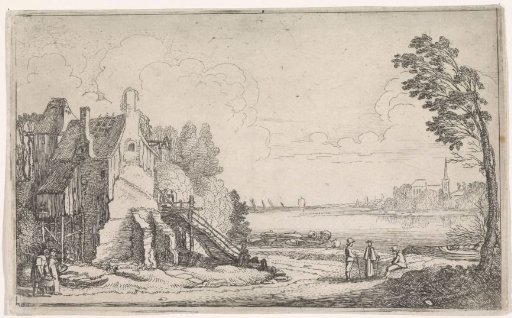 Figures at a ruined house by a river