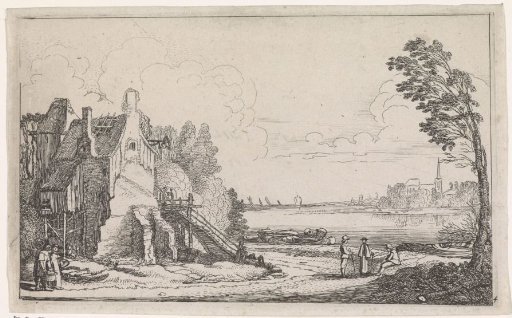 Figures at a ruined house by a river