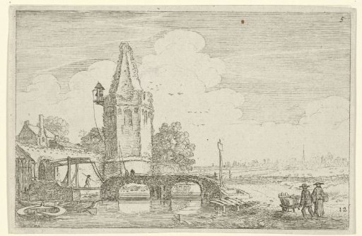 Landscape with a tower and a bridge over the Niers river