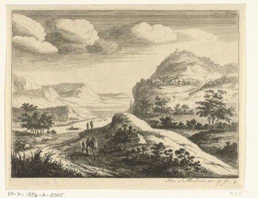 River landscape with a village on a hill
