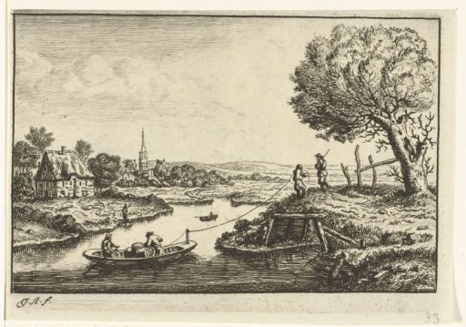 River landscape with a towing boat